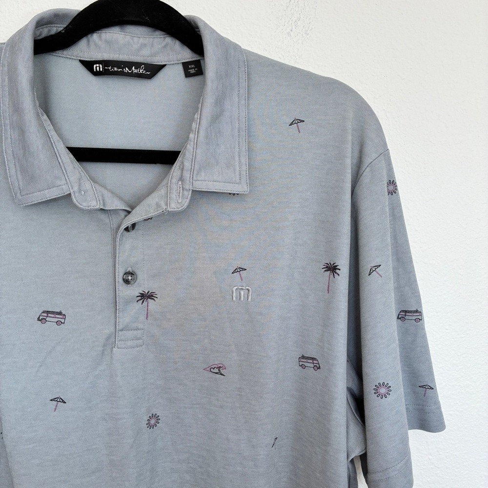 Travis Mathew Golf Polo Shirt Mens XXL Gray Print Beachy Tropical Preppy